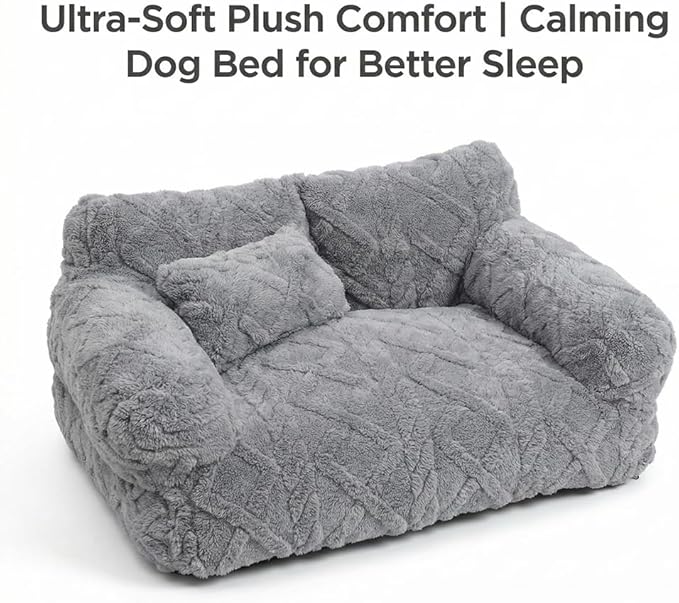 Plush Calming Pet Sofa Bed, Raised Rim, Removable Cover & Non-Slip Bottom for Cats & Dogs, Calming Dog Bed Fluffy Plush Dog Mat for Furniture Protector with Removable Washable Cover (Beige, Medium)