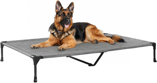 Veehoo Outdoor Elevated Dog Cot Bed, Cooling Raised Pet Bed for X-Large Dog, Washable Breathable Mesh Hammock Bed with No-Slip Feet, Indestructible Ground Off Training Platform Cot-49"x33"Black Silver