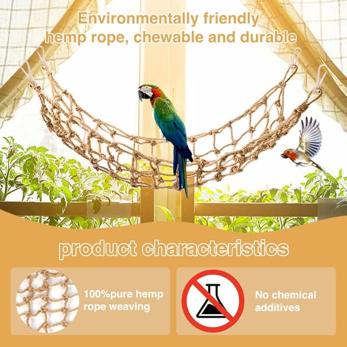 2 Packs Natural Bird Rope Net Parrot Swing Hammock for Birds Parrot Ladder Macaw Hanging Hammock Activity Toy for Rats Parakeet Cockatiel Cockatoo Conure African Grey Budgie（S 12x8inch）