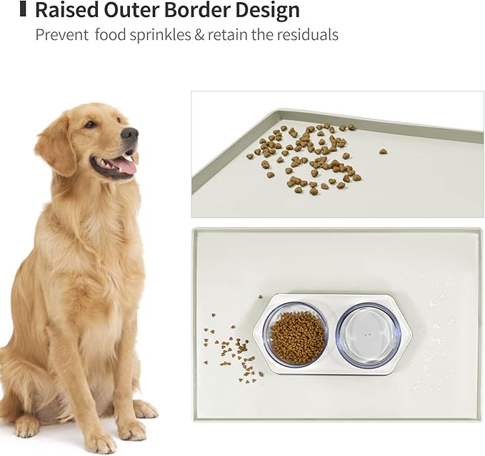 Dog Food Mat,Silicone Waterproof Food Tray,Non Slip Pet Bowl Mats Placemat,0.6" Raised Edge,Suitable for Most Small and Medium Sized Pets,24" x 16"