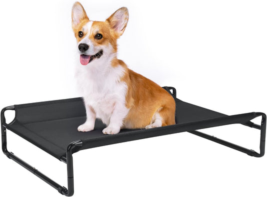 Veehoo Original Outdoor Elevated Dog Bed, Cooling Raised Dog Cot for Large Dogs, Portable Standing Pet Hammock Platform with Washable Breathable Mesh, No-Slip Feet, 35.5" x 25.5", Black