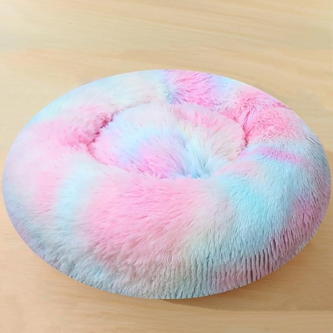 Calming Dog & Cat Bed, 24 Inch Anti-Anxiety Donut Cuddler Cat Bed with Anti-Slip Bottom, Washable Round Fluffy Pet Bed for Small Medium Dogs and Cats (Multi Color)