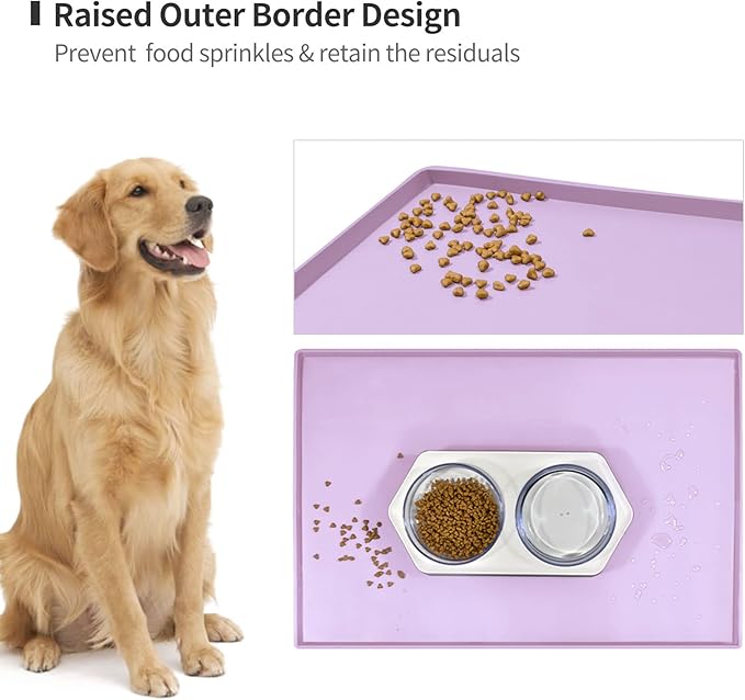 Dog Food Mat,Silicone Waterproof Food Tray,Non Slip Pet Bowl Mats Placemat,0.6" Raised Edge,Suitable for Most Small and Medium Sized Pets,24" x 16"