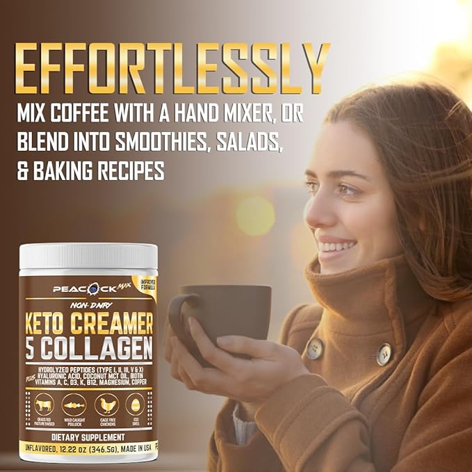 Peacock Max Collagen Keto Creamer Powder, Coconut MCT, Peptides, Unflavored, Hydrolyzed, B12, Magnesium (24.44 Ounces (Pack of 2))