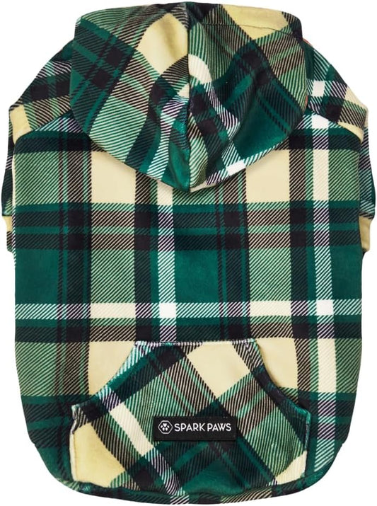 Spark Paws Dog Hoodie – Premium Dog Sweater for Small, Medium, and Large Dogs | Warm Outfits for French Bulldogs, Pitbull, Puppy, Winter Jacket Alternative - Green Plaid - M