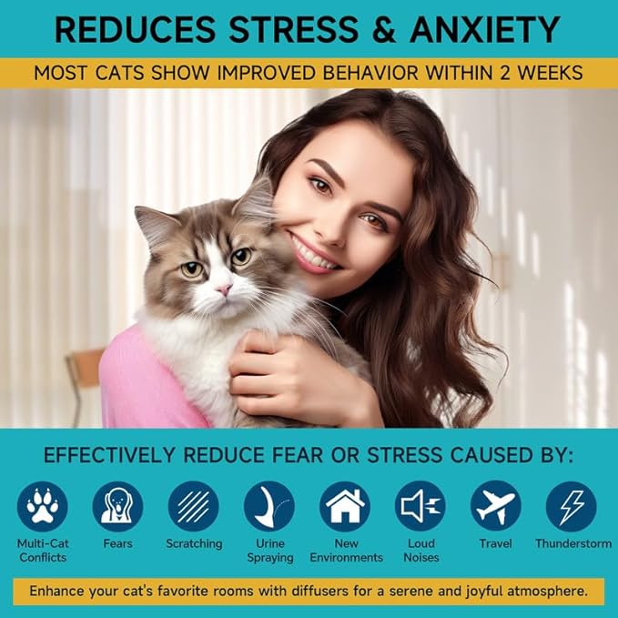 Cat Calming Diffuser - Cat Pheromones Calming Diffuser for Cat Anxiety Relief 6-in-1 Cat Pheromone Diffuser Kit with 2 Diffuser + 4 Refill 48ml Vial - 120 Days Pheromone Diffuser to Calm Cats