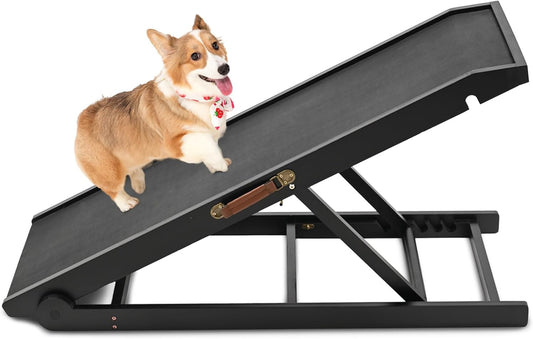 Dog Ramp, Adjustable Height Wooden Folding Pet Ramp for Bed, Couch,SUV-High Traction, Portable Paw Ramps for Small & Large Old Dogs & Cats - Furniture Quality