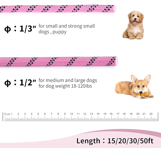 Long Dog Leash for Training 15Ft-Reflective Nylon Rope with Swivel Hook-Recall Agility Lead for Large Small Medium Dogs Outside Walking Hiking-Pink