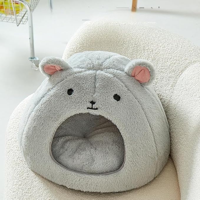 Cozy Mouse Ear Pet Cave Bed Ultra-Soft Gray Plush cave Bed, Cat Cave Beds Cat House Cat Tent with Removable Washable Cushioned Pillow, Cat Beds&Dog Beds,Perfect for Small & Medium Pets(Big)