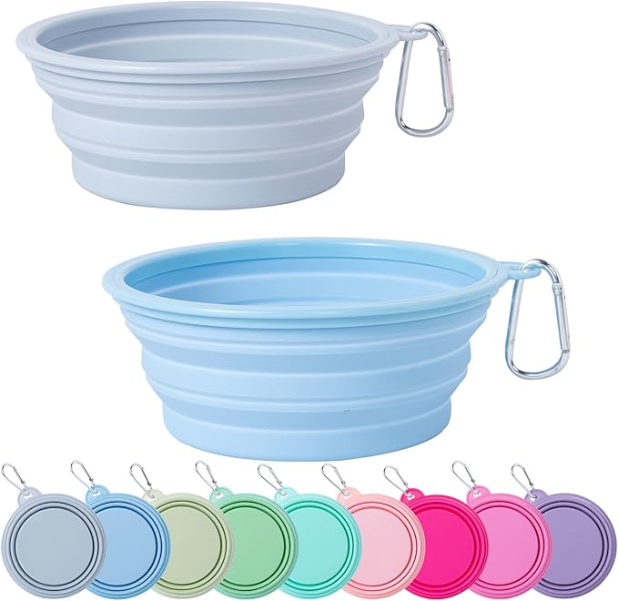 SLSON Collapsible Dog Bowl, 2Pack Macaron Color Pet Travel Bowls Silicone Foldable Water Feeder Dish for Small to Large Dogs Cat Walking Hiking Camping (Macaron Blue and Light Grey, Medium)