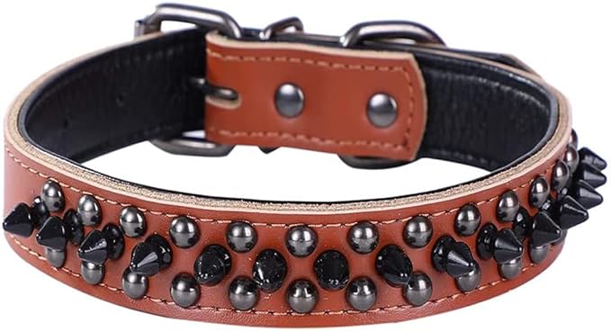 Spiked Studded Dog Collar, Genuine Leather Dog Collar, Adjustable Pet Collars for Medium Large Bulldog Pitbull Mastiff Poodle Boxer (S:27-33cm, Brown-1)