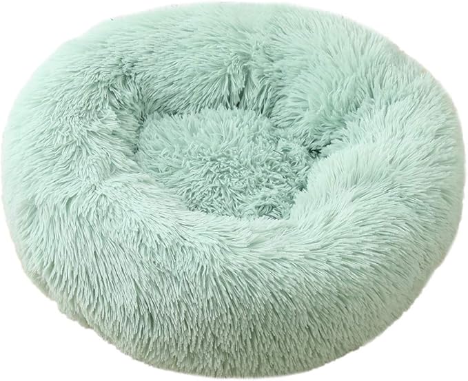 Calming Faux Fur Dog Beds Calming Donut Cuddler Dog Bed Washable Round Cat Bed Pillow Cuddler Fluffy Indoor Dog Calming Beds with Anti Slip Bottom Solid Color Green Blue 23 Inch