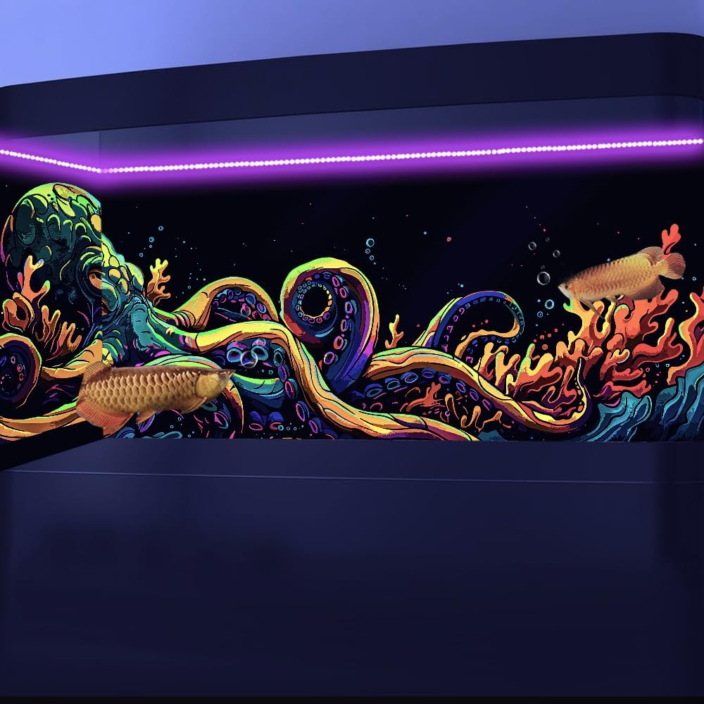 72X24IN Blacklight Octopus Sea Monster HD 3D Black Light Aquarium Background UV Reactive Background Terrarium Background with 10 EVA Double-Sided Tape