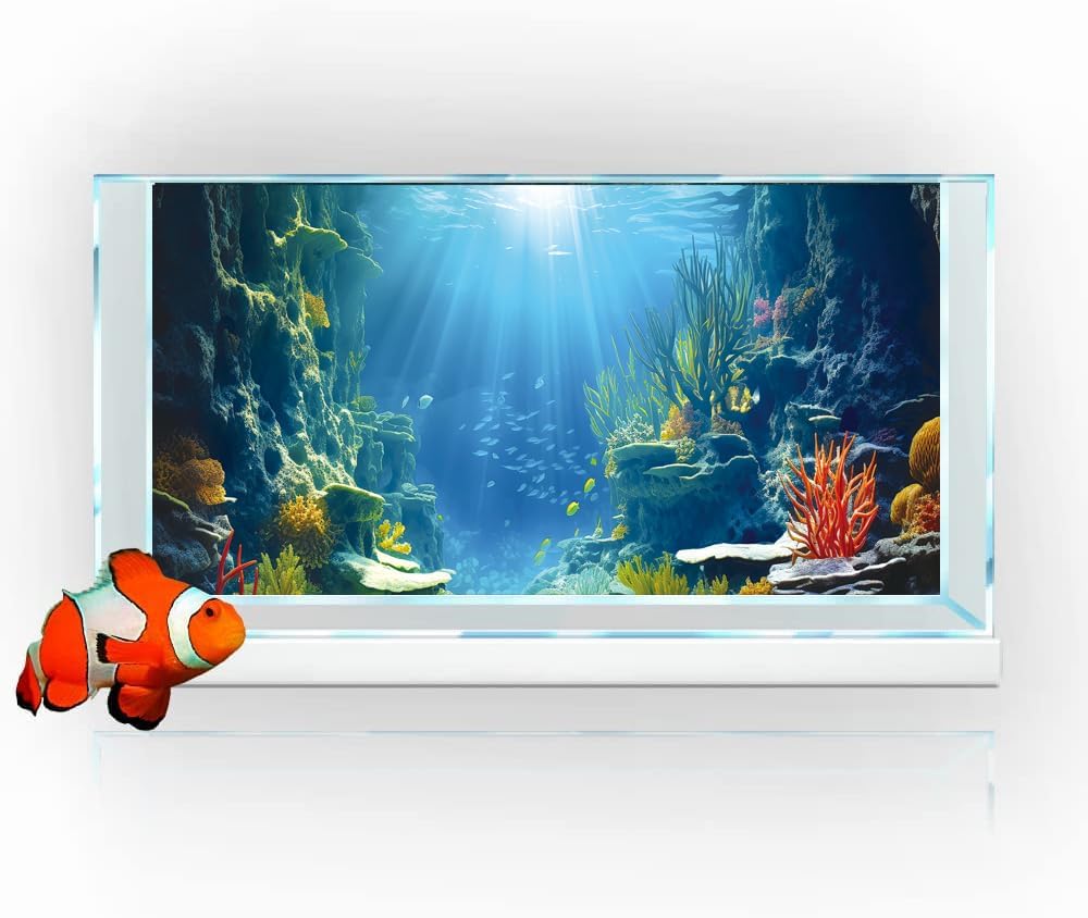 36X18IN Blue Sea Floor Aquarium Background, Natural Underwater World 3D Effect Fish Tank Decorations Background, Art Terrarium Background with 8 EVA Double-Sided Tape