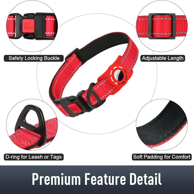Airtag Dog Collar with AirTag Holder for Large Dogs, Reflective, Soft Padded & Safety Locking Buckle, Nylon Pet Collars Adjustable for All Breeds, Red,L