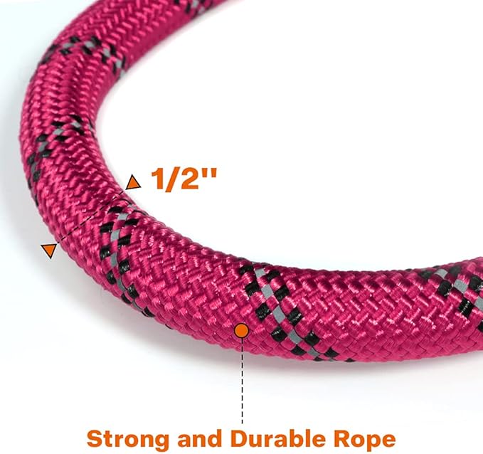 Taglory Rope Dog Leash 5 FT with Comfortable Padded Handle, Highly Reflective Threads Leash and Anti-Tangle Clip for Walking Medium Large Dogs, 1/2 inch, Hotpink