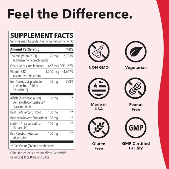 LifeSeasons - Blood Nourish-R - Iron Deficiency Supplement - Supports Anemia, Fatigue, Paleness & Dizziness - No Constipation - Blood Building - Iron, Alfalfa, Raspberry & Vitamin B-12-60 Capsules