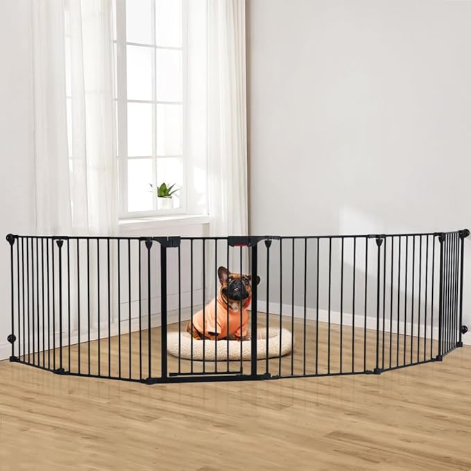 Freestanding Dog Gates with Door Walk Through, Extra Wide Doggy Door 150" W x 29" H Pet Gate Safty 6 Panels Dog Fence for Stairs, Doorways