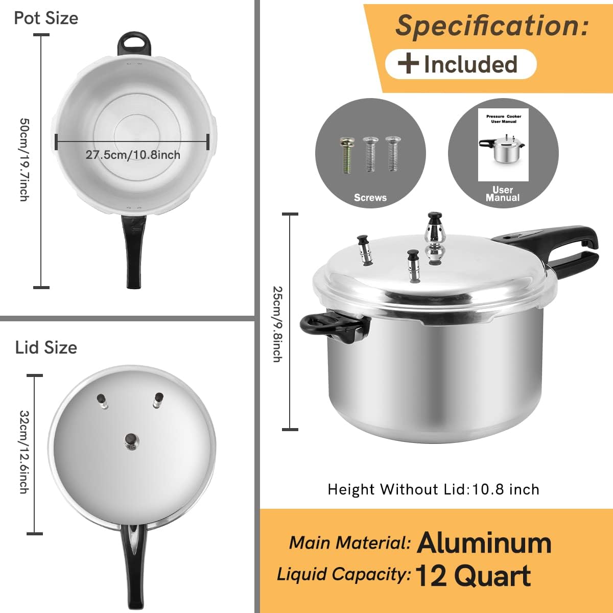 12 Quart Pressure Cooker,Aluminum Pressure Canner w/Canning Rack & Easy Lock Lid for Canning, Steaming
