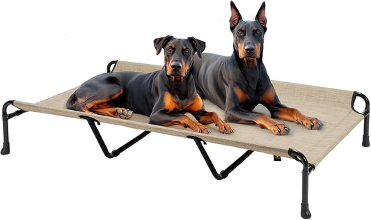 Veehoo Portable Elevated Dog Cot, 59" x 37" Extra Large Raised Cot for Large Dogs, With Breathable Mesh & Non-Slip Feet, Suitable for Outdoors & Camping, Beige & Coffee