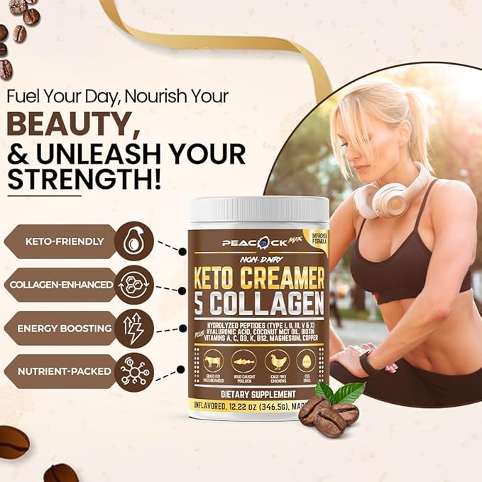 Peacock Max Collagen Keto Creamer Powder, Coconut MCT, Peptides, Unflavored, Hydrolyzed, B12, Magnesium (24.44 Ounces (Pack of 2))