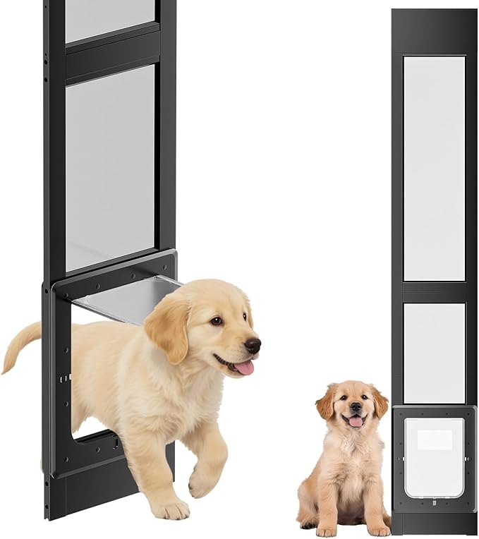 Dog Door for Sliding Glass Door, Magnetic Plastic Flap, Adjustable Height, No-Cut Insert with Lock, Ideal for Renters, Apartments, Patio Black M