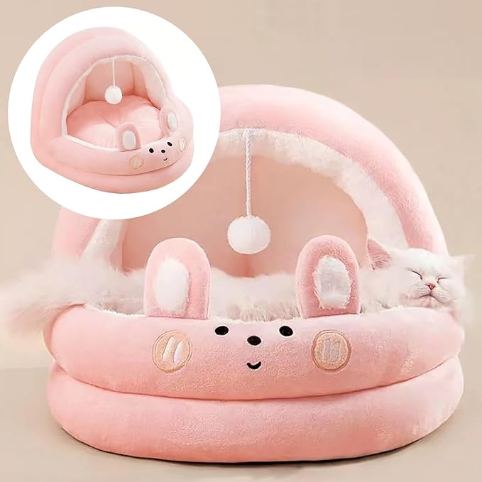 Cat Bed for Indoor Cats, Dog Bed with Anti-Slip Bottom, Rabbit-Shaped Cat/Small Dog Cave with Hanging Toy, Puppy Beds with Removable Cotton Pad, Super Soft Calming Pet Sofa Bed (Pink, Medium)