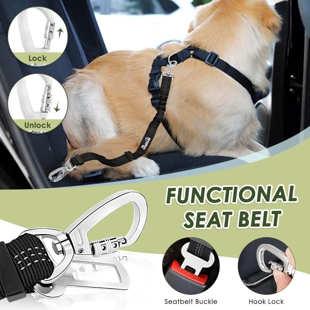 Lukovee Dog Seat Belt for Car, Adjustable Dog Car Harness for Large Medium Small Dogs, Soft Padded & Breathable Mesh Dog Seatbelt with Car Strap and Carabiner(Lime Green Double Clip,Large)