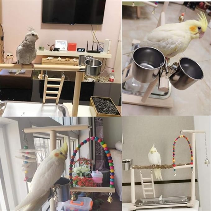 Bird Playground Parrot Playstand, Stand Fun Straw Bell Toys, Ladder Hanging Swing Chew Exercise Toys, for Conure Macaw Cockatiel Finch Small Animals