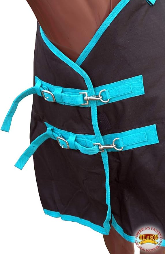 HILASON Black with Turquoise Trims 76 inch 1200D Winter Waterproof Poly Horse Turnout Blanket Belly Wrap