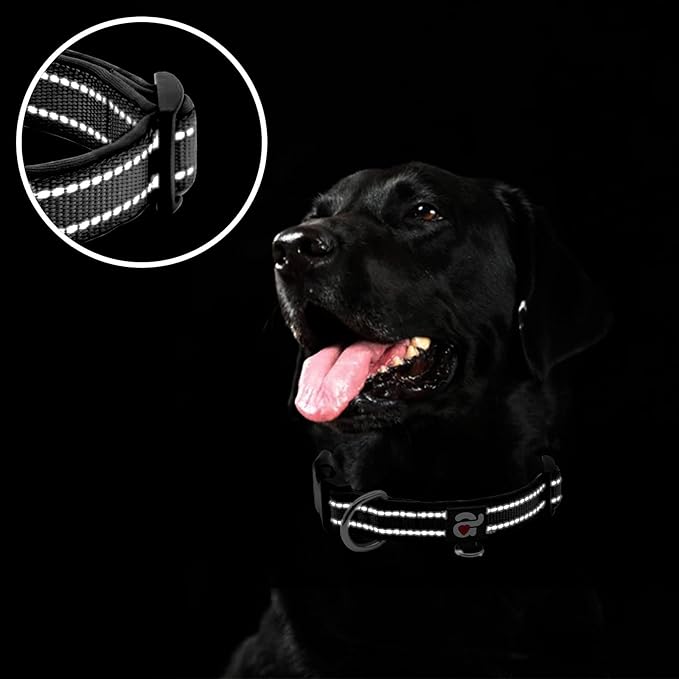 azuza Reflective Dog Collar, Soft Neoprene Padded Pet Collar with ID Tag Ring, Adjustable for Small Dogs,Black,S