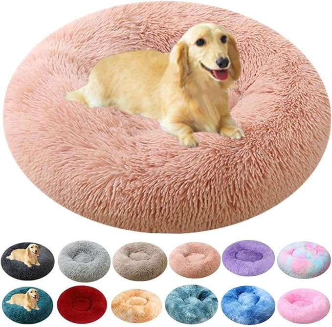 Dog Bed & Cat Bed for Small Medium Dogs, 27 Inch Calming Dogs Bed Anti-Anxiety Machine Washable Fluffy Luxury Anti-Slip Waterproof Pet Puppy Round Bed (Pink)