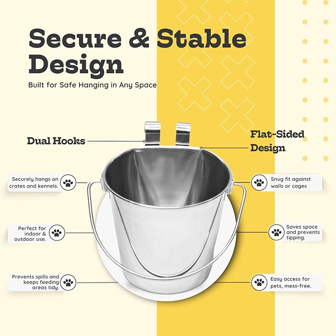 9 quart Stainless Steel Flat Sided Bucket with Dual Hooks | 2.25 gal Food & Water Bowl for XL Dog Goat Sheep Cattle Horse & Livestock | Fits kennel Crate Cages Farm | Hanging Utility Pail