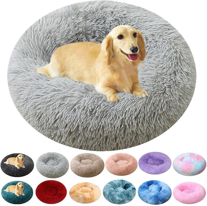 Large Calming Dog Bed, 40 Inch Anti-Anxiety Donut Dog Cuddler Cat Bed, Warming Cozy Soft Dogs Round Bed, Fluffy Faux Fur Machine Washable Pet Cushion for Medium Large Dogs & Cats (Light Grey)