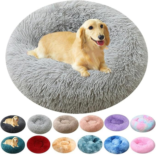 Calming Dog & Cat Bed, 24 Inch Anti-Anxiety Donut Cuddler Cat Bed with Anti-Slip Bottom, Washable Round Fluffy Pet Bed for Small Medium Dogs and Cats (Light Grey)