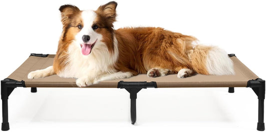 Raised Dog Beds for Large Dogs, Cooling Elevated Dogs Bed Outdoor, Lifted Dog Cot Bed with Heavy Duty Frame & Breathable Mesh, Pet Hammock Beds (L, Brown)