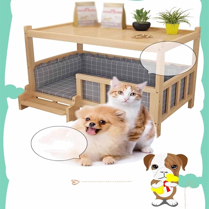 XPLKQXE Dog Bed Wood Platform, Elevated Pet Cushion Bed, Animal Couch with Mattress, Dog Beds & Furniture Rest Cot, Portable Fence Bed Pet Up to 45kg/100lbs(Color:Woody,Size:60x45x65cm)