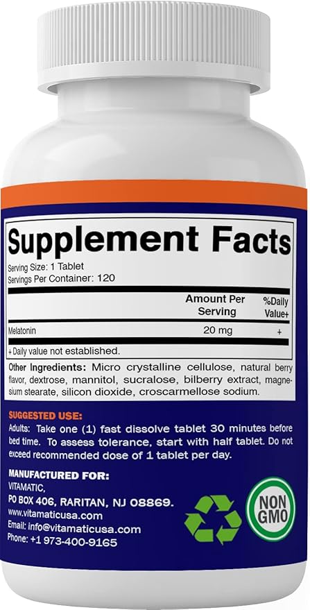 Vitamatic Melatonin 20 mg Tablets | Vegetarian, Non-GMO, Gluten Free | HIGH Potency 20 MG | Natural Berry Flavor (1/2 Tablets = Melatonin 10 mg) (120 Count (Pack of 3))