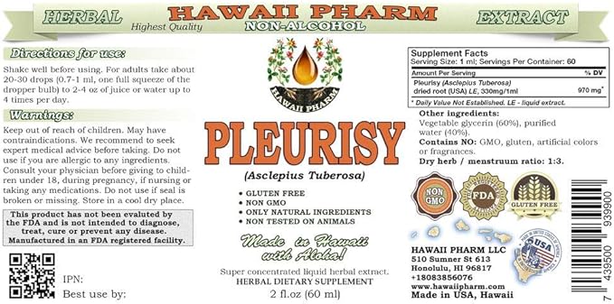 Hawaii Pharm Pleurisy Root Alcohol-Free Liquid Extract, Pleurisy Root (Asclepius tuberosa) Dried Root Glycerite Natural Herbal Supplement, USA 2 fl.oz