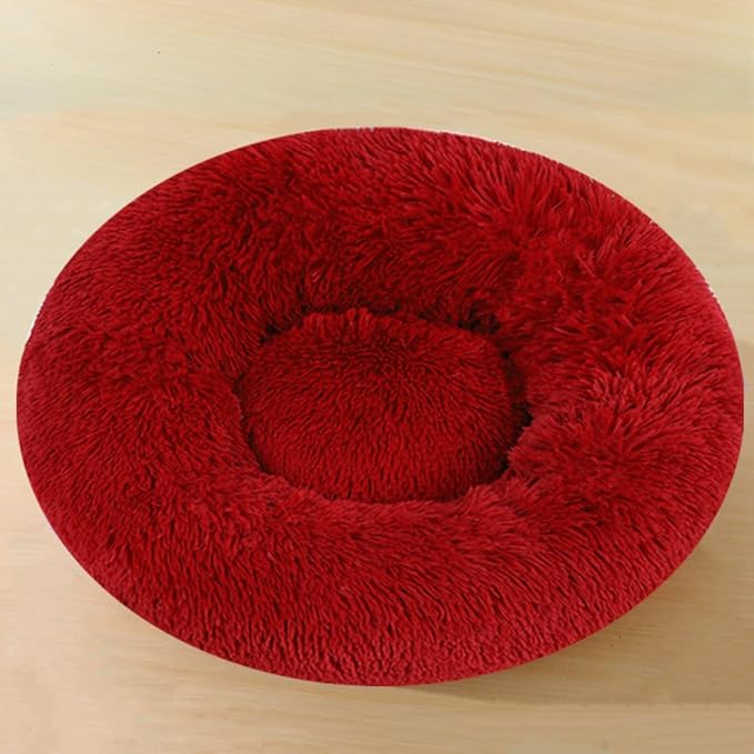 Calming Small Dog Bed & Cat Bed, 16 Inch Donut Fluffy Anti-Anxiety Round Bed Washable Cute Bed, Cuddler Warming Cozy Soft Bed, Plush Cushion Bed for Small Medium Dogs and Cats (Red)