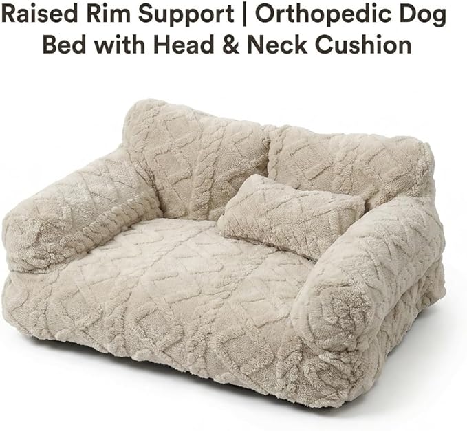 Plush Calming Pet Sofa Bed, Raised Rim, Removable Cover & Non-Slip Bottom for Cats & Dogs, Calming Dog Bed Fluffy Plush Dog Mat for Furniture Protector with Removable Washable Cover (Grey, Medium)