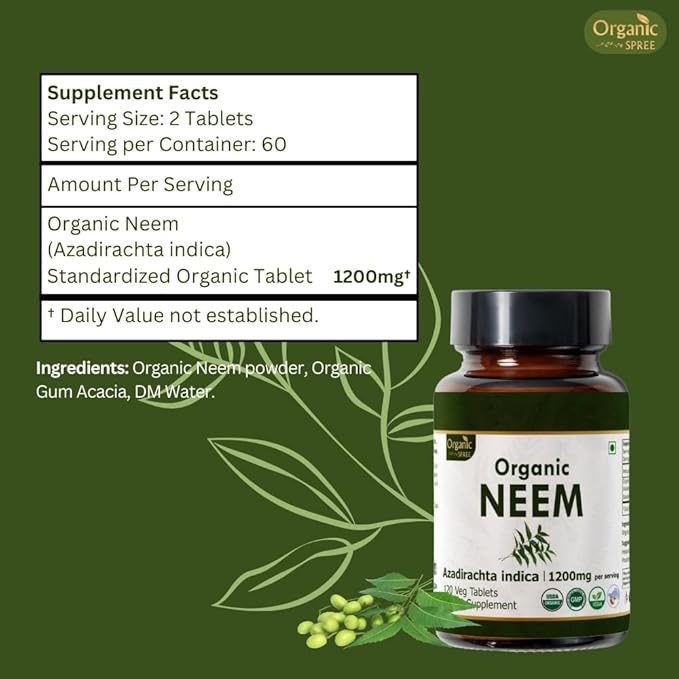 NEEM 120 Tablets | Azadirachta Indica (Neem) | USDA Organic Certified | Healthy Skin and Detox | Organic and Natural 120tab - Pack of 3