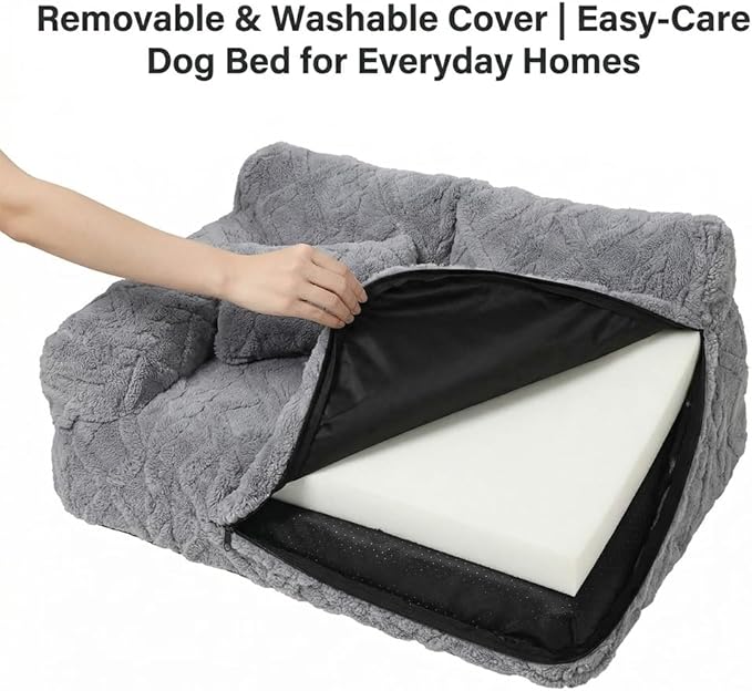 Plush Calming Pet Sofa Bed, Raised Rim, Removable Cover & Non-Slip Bottom for Cats & Dogs, Calming Dog Bed Fluffy Plush Dog Mat for Furniture Protector with Removable Washable Cover (Grey, Medium)
