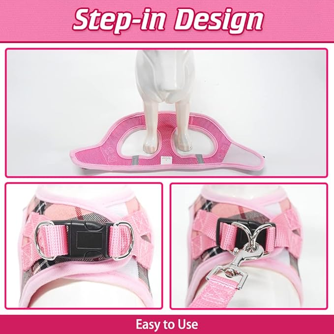 EXPAWLORER Classic Plaid Puppy Harness - Small Dog Harness and Leash Set - Dog Collar and Leash Set with AirTag Holder, Soft Padded Step in Dog Vest Harness No Pull Reflective for Outdoor, Pink XS