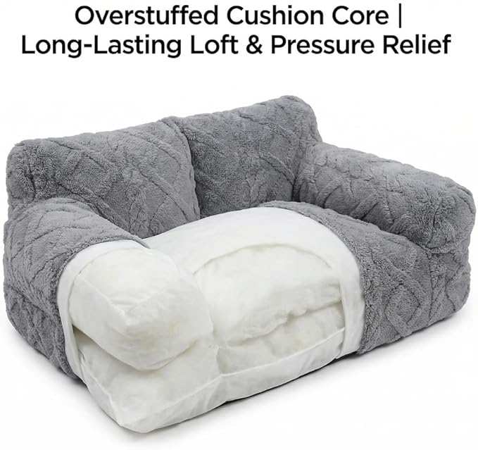 Plush Calming Pet Sofa Bed, Raised Rim, Removable Cover & Non-Slip Bottom for Cats & Dogs, Calming Dog Bed Fluffy Plush Dog Mat for Furniture Protector with Removable Washable Cover (Grey, Medium)