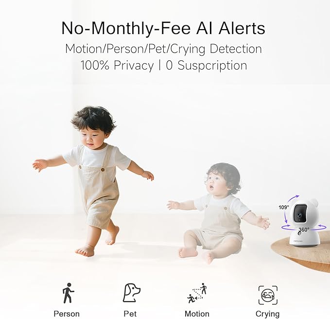 2.5K Pet/Dog Camera with Speaker/Phone App, No-Monthly-Fee AI Person/Pet/Cry Detection Security Camera Indoor, PTZ 2.4GHz WiFi Baby Monitor Cameras for Home Security, Night Vision, 2-Way Talk