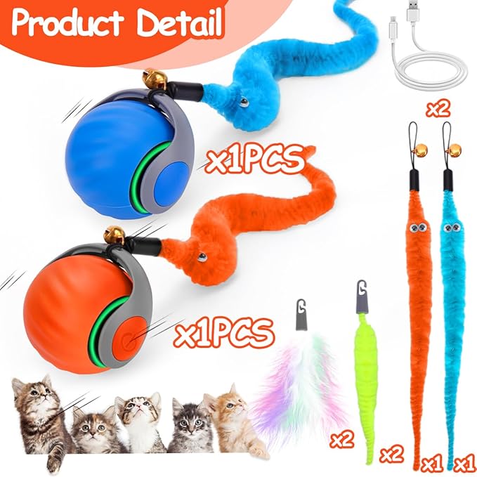 2PCS Interactive Cat Ball Toy, Self Rolling Ball with Cover Anti-Scratch for Bored Indoor Cat Chasing, Obstacle Avoidance Smart Cat Toys for Enrichment, Motion Activated Toys to Keep Them Busy