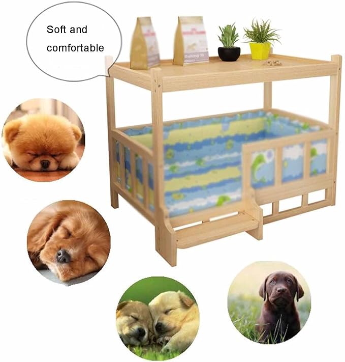 XPLKQXE Dog Bed Wood Platform, Elevated Pet Cushion Bed, Animal Couch with Mattress, Dog Beds & Furniture Rest Cot, Portable Fence Bed Pet Up to 45kg/100lbs(Color:Gray,Size:60x45x65cm)