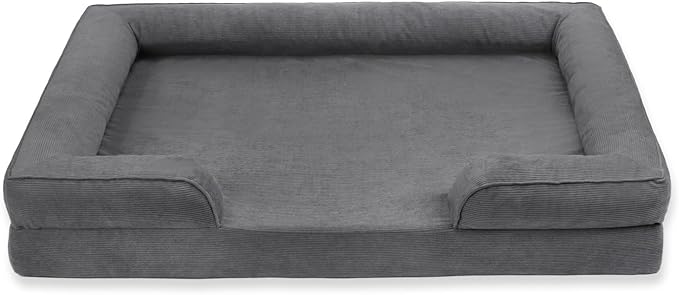 Gray Corduroy Orthopedic Dog Bed with Bolster – Memory Foam, Washable Removable Cover, Non-Slip Bottom (Medium)