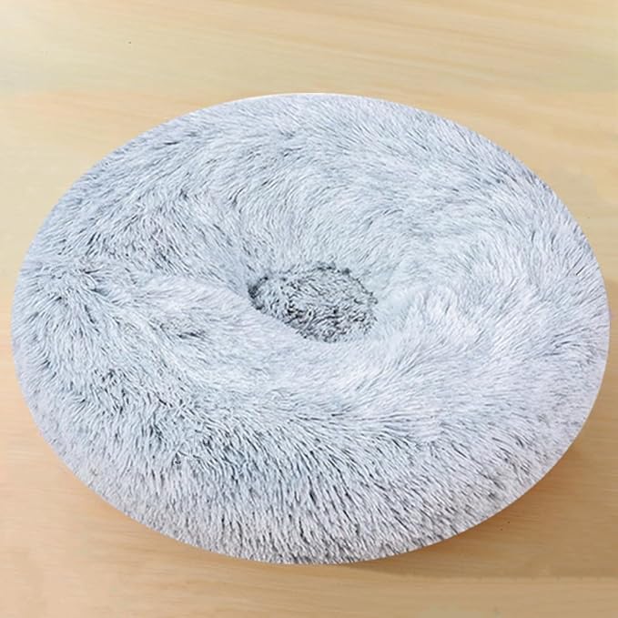 Calming Small Dog Bed & Cat Bed, 16 Inch Donut Fluffy Anti-Anxiety Round Bed Washable Cute Bed, Cuddler Warming Cozy Soft Bed, Plush Cushion Bed for Small Medium Dogs and Cats (Grey White)